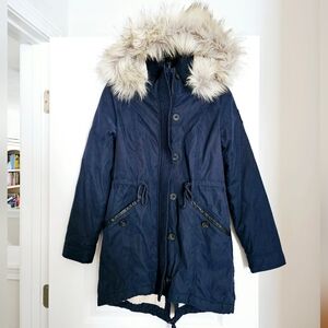 Navy Abercrombie & Fitch Sherpa Parka Coat with Removable Faux Fur Hood Size M